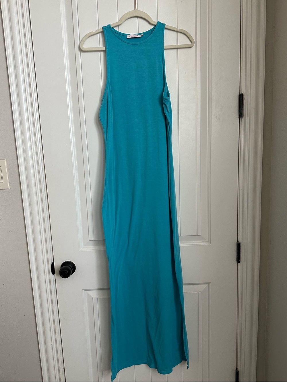 Sleeveless Teal Maxi Dress - Fitted Tank Style - Picture 2 of 7